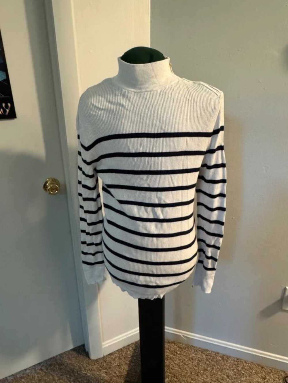 Mock Neck Sweater with Black and White Stripes